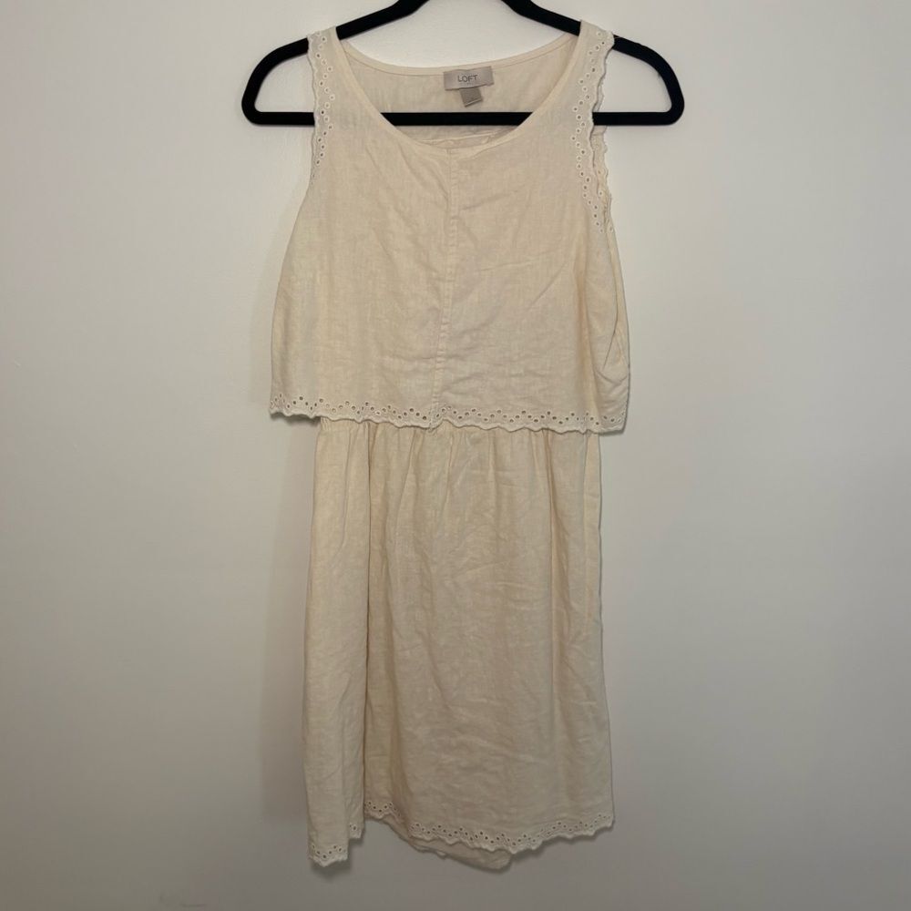 Ann Taylor Loft Ivory Cream Sleeveless Eyelet Mini Dress Size 8 Open Back Linen